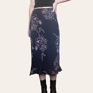90s vintage black and pink floral midi skirt BIYAYCDA Career - Medium